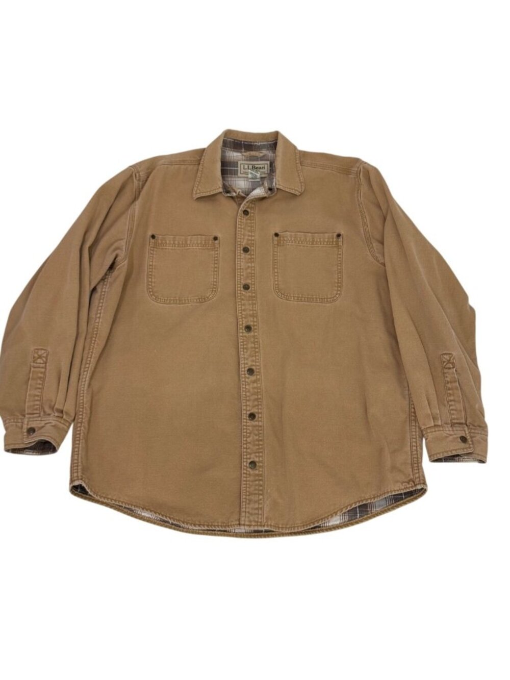 L.L. Bean Flannel-Lined Canvas Shirt Jacket Tan Workwear 100% Cotton Mens L